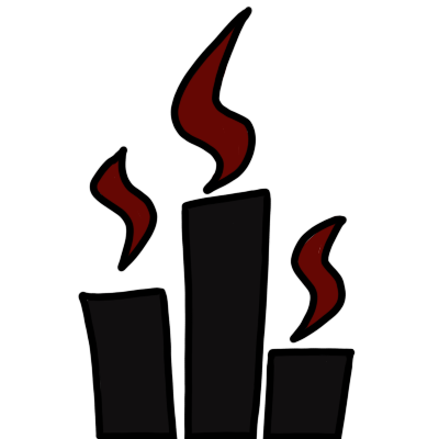 Three black candles of diffferent heights with dark red flames.